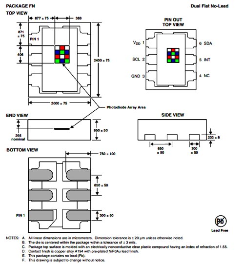 TCS34725 2D Model and Dimensions