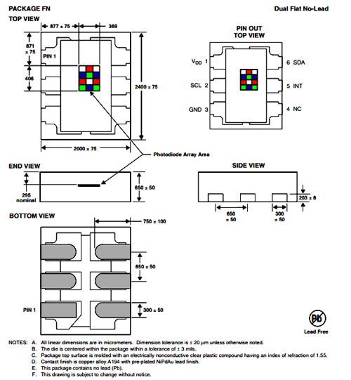 TCS34725 2D Model and Dimensions