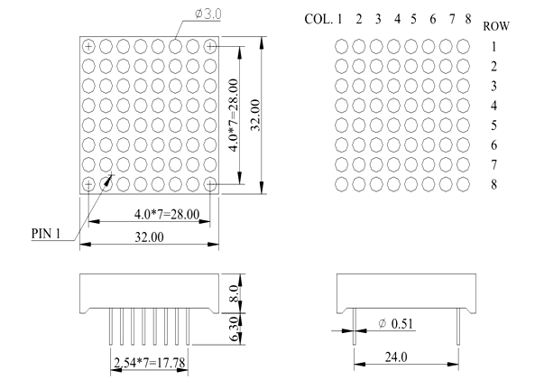 1388A 8X8 LED Matrix Module Dimensions