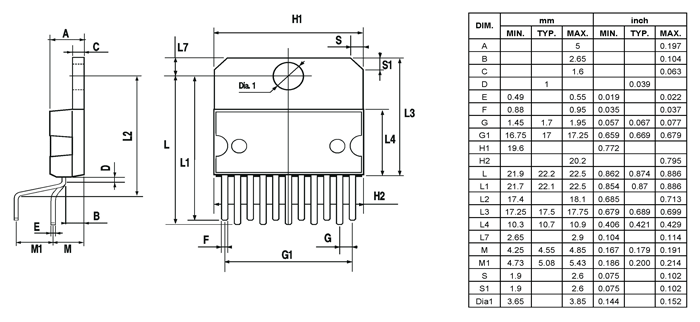 TDA7265 Dimensions